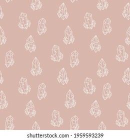 Magic seamless pattern with floral crystal. Trendy witchcraft symbol on pink background. Mystical crystals, branch. Print for digital paper wrapping, boho wallpaper, textile.