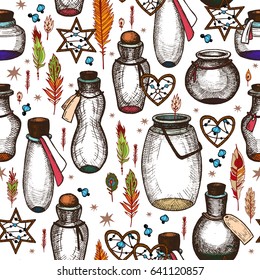 Magic seamless pattern with glass flasks for Alchemy and vintage science.