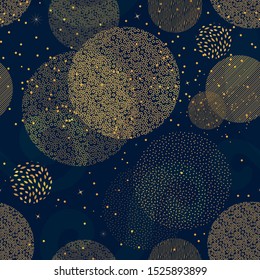 Magic seamless pattern with gold circles, stars on dark blue background. Abstract print, oranment in Oriental style. Beautiful Vector Wallpaper, template for fabric design, interior, posters.