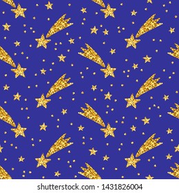 Magic seamless pattern with gold glittering with shooting stars. Star background for print, scrapbook or wrapping paper. Vector illustration.