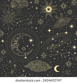 Magic seamless pattern with golden constellations, crescent, sun and stars. Boho mystical esoteric. Vector illustration dark background for design of fabric, astrology, phone case, wrapping paper.