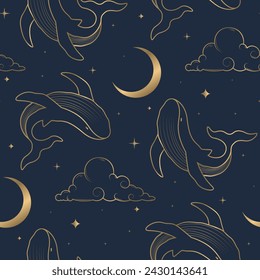 magic seamless pattern with golden outline whale and clouds on deep blue starry sky. fantasy design for wallpaper, textile and more. 