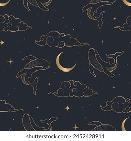 magic seamless pattern with golden outline whale and clouds on starry sky. fantasy design for wallpaper, textile and more. 
