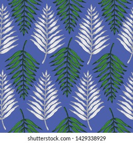 Magic seamless pattern with green and white tropical fern leaves on blue background. Bright trendy vector exotic leaf texture for textile, wrapping paper, surface, cover, web design