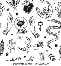 Magic Seamless Pattern. Hand Drawn Vector Illustration Sacred Symbol. Doodle Sketch Style.