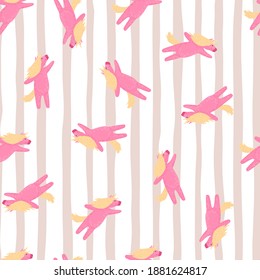 Magic seamless pattern with hand drawn cute pink unicorns random ornament. Striped background. Decorative backdrop for fabric design, textile print, wrapping, cover. Vector illustration