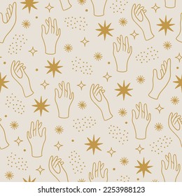 Magnífico patrón sin fisuras con manos y estrellas de fondo beige. Perfecto para tarjetas de felicitación, decoración celeste, papel pintado, papel de envoltura, tela. Ilustración del vector