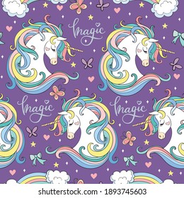 Magic seamless pattern with head of unicorn with butterflies isolated on purple background. Vector illustration for party, print, baby shower, wallpaper, design, decor,design cushion, linen, dishes.