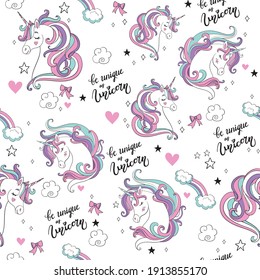 Magic seamless pattern with head of unicorns,stars, hearts and lettering isolated on white. Vector illustration for party, print, baby shower, wallpaper, design, decor,design cushion, linen, dishes.