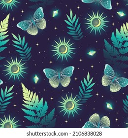 Magic seamless pattern with herbs and crescents. Boho magic background with violet space elements stars, butterflies. Trendy texture for print, textile, packaging.
