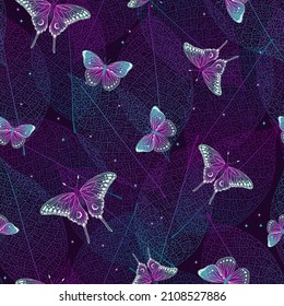 Magic seamless pattern with leaves and crescents. Boho magic background with violet space elements stars, butterflies. Trendy texture for print, textile, packaging.
