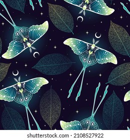 Magic seamless pattern with leaves and crescents. Boho magic background with violet space elements stars, butterflies. Trendy texture for print, textile, packaging.