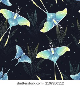 Magic seamless pattern with leaves and crescents. Boho magic background with violet space elements stars, butterflies. Trendy texture for print, textile, packaging.