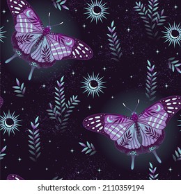 Patrón mágico sin fisuras con hojas y crescentos. Boho fondo mágico con elementos espaciales violetas estrellas, mariposas. Textura de moda para impresión, textil, envasado.