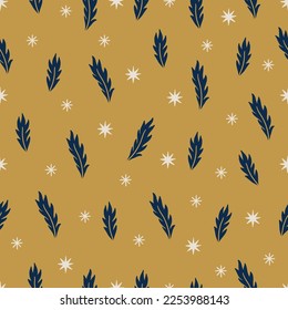 Magic seamless pattern with leaves and stars on gold background. Perfect for greeting card, celestial decoration, wallpaper, wrapping paper, fabric. Vector illustration