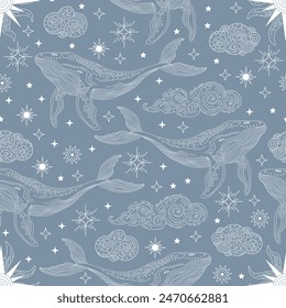 Magic seamless pattern with linear celestial whale, clouds and stars on a blue background. Boho mystical esoteric. Vector illustration for design, textile, packaging, astrology, wrapping paper