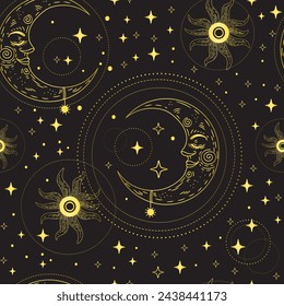 Magic seamless pattern with linear stars, sun and crescent moon. Boho mystical esoteric. Vector illustration background for design, textile, packaging, astrology, phone case, wrapping paper