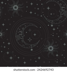 Magic seamless pattern with linear sun, crescent and star constellations. Boho mystical esoteric. Vector illustration background for design, textile, packaging, astrology, phone case, wrapping paper