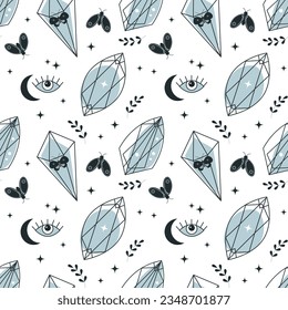Magic seamless pattern, minerals, crystals, eye, gems, moths, butterflies, moon, stars. Magic fairy tale background. Vector