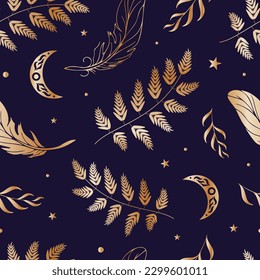 Magic seamless pattern. Moon, ferns, summer grasses, golden feathers, night sky, stars. Vector illustration. Halloween, witchcraft, astrology, mysticism. For wallpaper, fabric, wrapping, background