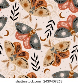 Magic seamless pattern with moon moths. Boho art print. Design for card, fabric, print, greeting, cloth, poster, clothes, textile.