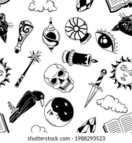 Patrón mágico sin fisuras con elementos misteriosos. Mística, alquimia, símbolos espirituales.