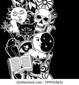 Magic seamless pattern with mystery items. Mystic, alchemy, spirituality symbols.
