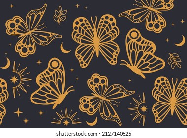 Magic seamless pattern. Mystical forms, superpowers and golden butterflies. Repeating images for printing on wrapping paper. Posters or banners for site, background. Cartoon flat vector illustration