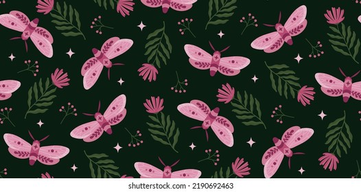 El patrón mágico de mariposas nocturnas, flores y plantas en un fondo oscuro. Bosque, otoño, fondo del asistente. Patrón de ilustración de vector