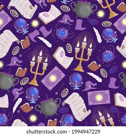 Magic seamless pattern. Preparing poison in cauldron, taro cards, candles, prediction ball, magic books, and witch hats on violet background. Halloween magic and wizard party backdrop concept.