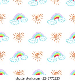 Magic seamless pattern. Rainbow. Children's drawings with wax crayons. Print for cloth design, textile, fabric, wallpaper