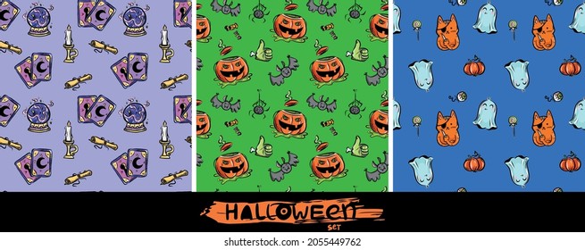 Magic seamless pattern set with Halloween attributes