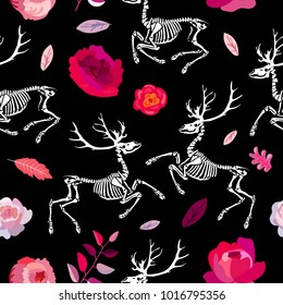 Magic seamless pattern. Skeletons of deer dance in a blooming garden. Great for printing on T-shirts, for tattoos and more. Ideal for decoration of Halloween and the Day of the Dead.