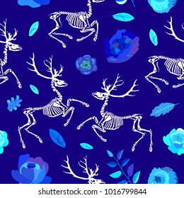 Magic seamless pattern. Skeletons of deer in the winter garden. Great for printing on T-shirts, for tattoos and more. Ideal for decoration of Halloween and the Day of the Dead.