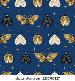 Magic seamless pattern with stars, bugs and moths on blue background. Perfect for greeting card, celestial decoration, wallpaper, wrapping paper, fabric. Vector illustration