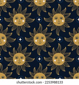 Magic seamless pattern with sun and stars on dark blue background. Perfect for greeting card, celestial decoration, wallpaper, wrapping paper, fabric. Vector illustration