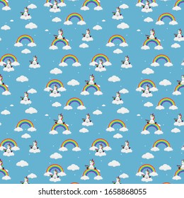 
Magnífico patrón sin fisuras con unicornio, arco iris, estrellas y nubes.