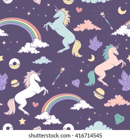 Magic seamless pattern with unicorn, rainbow, stars and crystals
