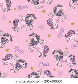Magic seamless pattern with unicorn and stars. Vector illustration for party, print, baby shower, wallpaper, design, decor,design cushion, linen, dishes.
