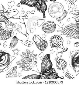 Magic. Seamless pattern with unicorns, butterflies, roses and other objects.