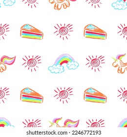 Magic seamless pattern. Unicorns, cake. Children's drawings with wax crayons. Print for cloth design, textile, fabric, wallpaper, wrapping paper