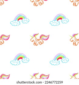 Magic seamless pattern. Unicorns. Children's drawings with wax crayons. Print for cloth design, textile, fabric, wallpaper, wrapping