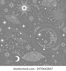 Magisches nahtloses Muster mit weißen linearen Sternbildern, Halbmond, Sonne und Sternen. Boho mystisch esoterisch. Vektorillustration grauer Hintergrund für Design, Stoff, Astrologie, Handyhülle, Einwickelpapier