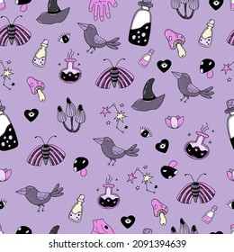 Magic seamless pattern. Witchcraft and witch amulets, magic potion and bottles, witchs eye and hat, snake and raven on purple background with magic bottles and mushrooms. Vector illustration.