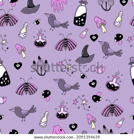 Magic seamless pattern. Witchcraft and witch amulets, magic potion and bottles, witchs eye and hat, snake and raven on purple background with magic bottles and mushrooms. Vector illustration.