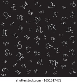 Magic seamless pattern with zodiac signs. Vector symbols  drawn by hand. On a black background-silver astrological signs. Illustration in Doodle style.