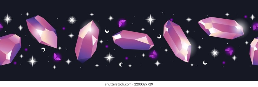 Magische nahtlose Vektorgrenze mit Schmetterlingen, Sternbildern, Kristallen und Sternen. Grafisches Muster für Astrologie, Esoterie, Tarot, Mystik, Magie. Luxuriöses elegantes Design.