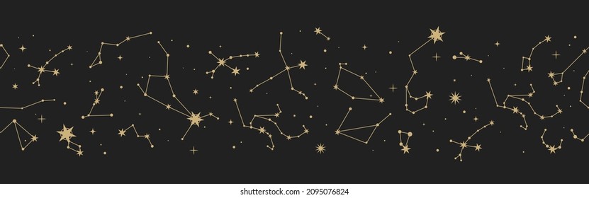 Magic Seamless Vector Border With Constellations And Stars. Gold Decorative Ornament. Graphic Pattern For Astrology, Esoteric, Tarot, Mystic And Magic. Luxury Elegant Design.