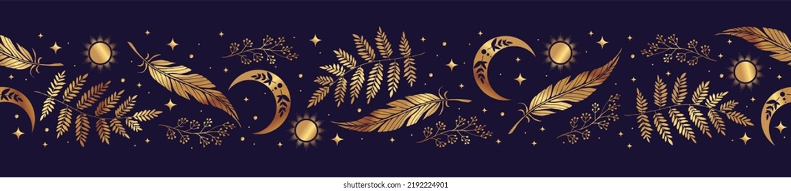 Magic seamless vector border with feathers, moons, ferns and stars. Gold decorative ornament. Graphic pattern for astrology, esoteric, tarot, mystic and magic. Luxury elegant design.