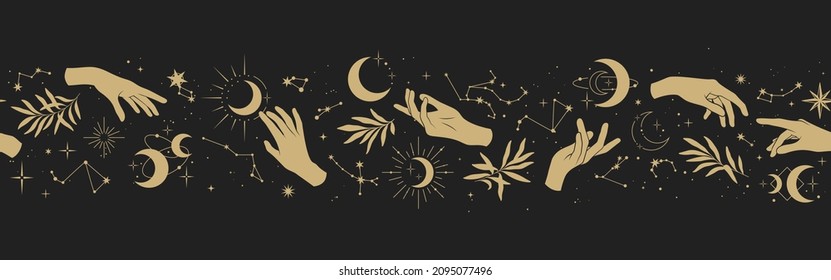 Magic Seamless Vector Border With Hands, Olive Leaves, Constellations, Moons And Stars. Gold Decorative Ornament. Graphic Pattern For Astrology, Esoteric, Tarot, Mystic, Magic. Luxury Elegant Design.